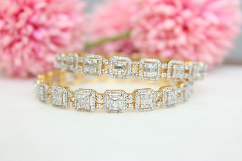Halo Square Design Diamond Bangle/ 14K Solid Gold/ Baguette & Round Natural Diamonds/ Illusion Setting/gift for her image 2