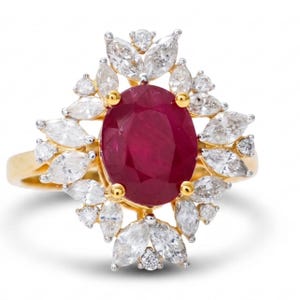 Oval Ruby Natural Diamond Ring: 14k Solid Gold Gemstone Sunburst Halo Jewelry, IGI Certified, Duty Paid, Ready To Ship