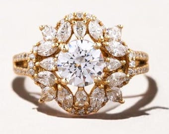 Solitaire Diamond Engagement Ring, Flower Diamond Ring, 14k Solid Gold, Halo Setting, Natural Diamonds, Gift For Her