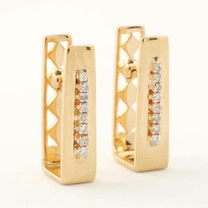 Rectangle Diamond Huggie Earrings, 14k Solid Gold, Natural Diamonds, Geometric Everyday Earrings, Statement Earrings, Minimalistic Earrings