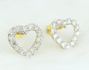 Aretes de diamantes con forma de corazón hueco para niños, oro macizo de 14 k, diamantes naturales, joyería infantil, regalo para bebés, niñas y niños.