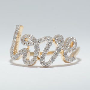 Liebe Diamant Ring, Script Love Ring, 14K Gold, Naturdiamanten, Statement Band, Romantischer Schmuck, Geschenk für Sie