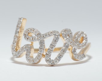 Love Diamond Ring, Script Love Ring, 14K Solid Gold, Natural Diamonds, Statement Band, Romantic Jewelry, Gift for Her