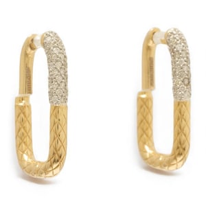 Carabiner Diamond Huggie Hoop Earrings, 14k Solid Gold, Natural Diamonds, Textured Link Earrings, Dual Tone Statement Jewelry