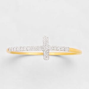 Diamond Cross Ring, 14k Solid Gold, Natural Diamonds, Religious Faith Jewelry, Minimalist Everyday Band, Ready To Ship