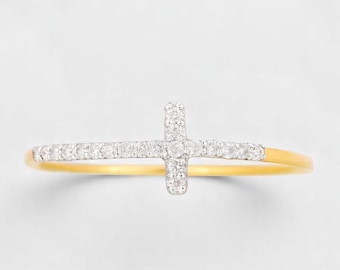 Anello con croce e diamante naturale, simbolo di fede, per tutti i giorni: gioiello religioso minimalista in oro massiccio 14 carati, certificato, dazi doganali pagati, pronto per la spedizione.