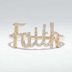 Faith Script Diamantring, 14K Massivgold, Statement Ring, Naturdiamanten, Inspiration Schmuck, Wort Name Ring, Geschenk für sie