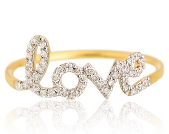 Love Diamond Handwritten Ring, 14K Solid Gold, Natural Diamonds, Gift for her, Everyday Jewelry