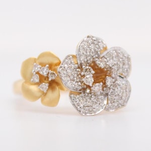 Double Flower Diamond Ring, 14K Solid Gold, Natural Diamonds, Twin Floral Ring, Statement Cocktail Ring, Certified Jewelry