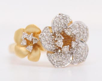 Double Flower Diamond Ring, 14K Solid Gold, Natural Diamonds, Twin Floral Ring, Statement Cocktail Ring, Certified Jewelry
