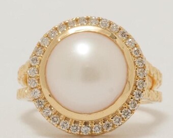 Pearl Halo Diamond Ring, 14K Solid Gold, Natural Diamonds, Gemstone Cocktail Ring, Birthstone Statement Jewelry, Gift for her