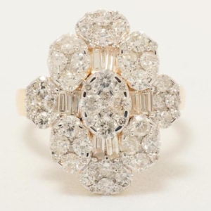 Flower Cluster Diamond Ring, 14k Solid Gold, Baguette Cocktail Ring, Natural Diamonds, Illusion Setting, Statement Jewelry, Gift For Her