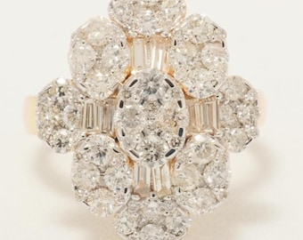 Anello con diamanti a forma di fiore, oro massiccio 14k, anello da cocktail a baguette, diamanti naturali, montatura a illusione, gioielli vistosi, regalo per lei