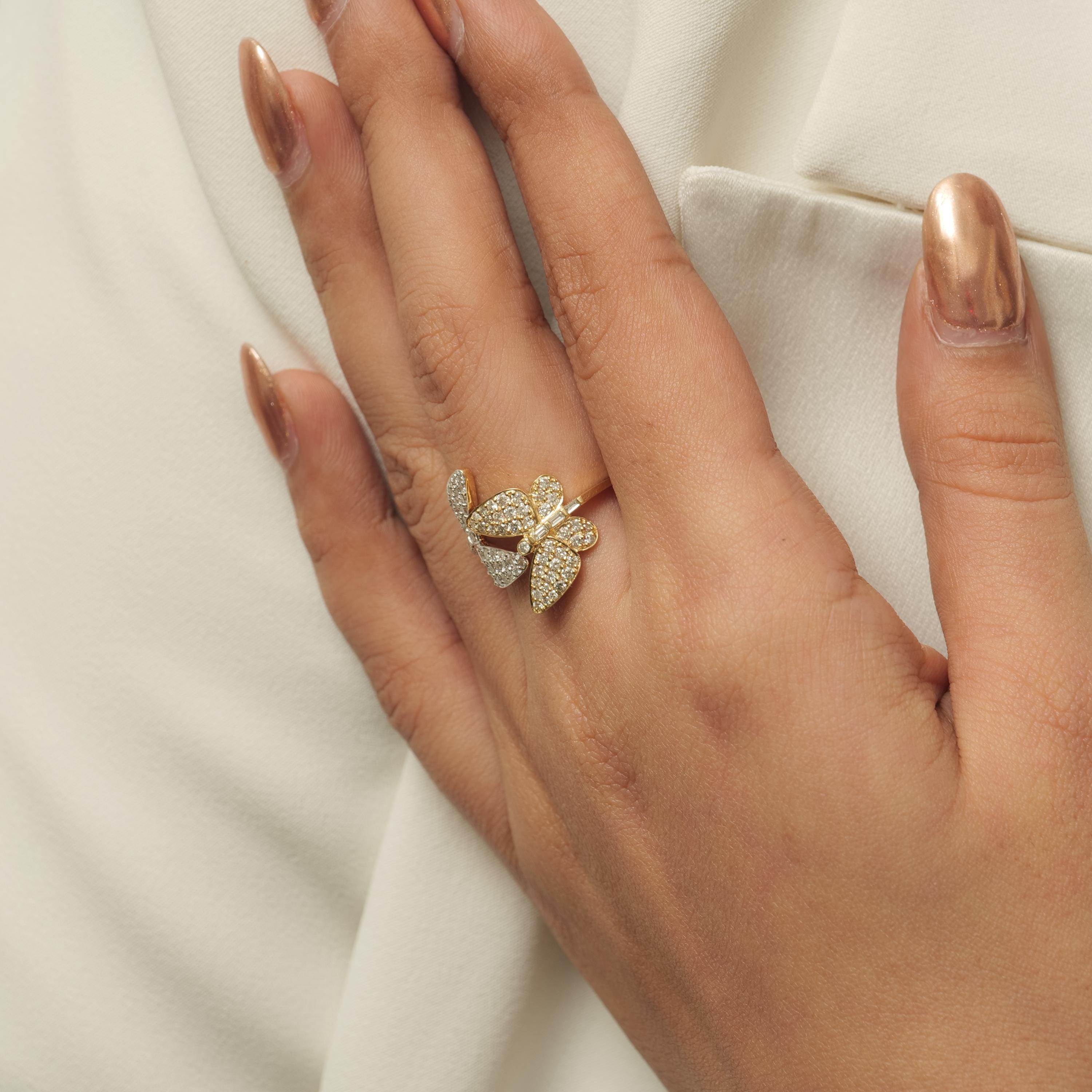 Butterfly Natural Diamond Wrap Ring: 14K Solid Gold Two Tone