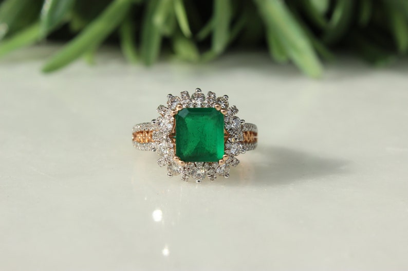 Emerald Diamond Ring In 14k Solid Gold, Birthstone Ring With Natural Diamonds, Gift for Women image 2