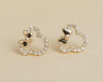 Kids Minnie Mouse Natural Diamond Earrings: 14k Solid Gold Disney Inspired Stud Jewellery, Certified Jewelry, Duty Paid, Ready To Ship