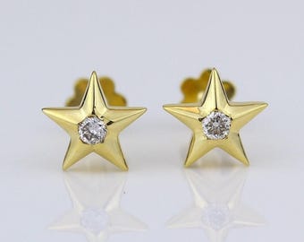 Aretes de diamantes estrellados para niños, oro macizo de 14 k, diamantes naturales, joyas para niños, regalo para bebés, niñas y niños.