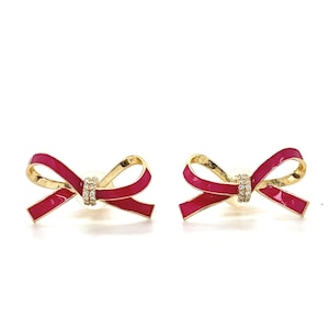Kids Ribbon Diamond Stud Earrings, 14k Solid Gold With Pink Enameling, Natural Diamonds, Kids jewelry, Gift for toddlers, girls, and kids