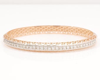 Filigree Round Diamond Bangle Bracelet, 14k Solid Gold,  Channel Set Natural Diamonds, Wedding Stacking Bangle, Statement Eternity Jewelry