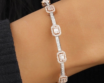 Rectangular Halo Diamond Bracelet, 14k Solid Gold, Natural Diamonds, Illusion Setting, Gift for her, Dual Tone