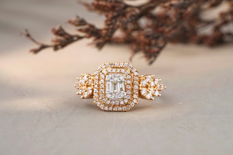 Rectangular halo design with side leaves diamond ring