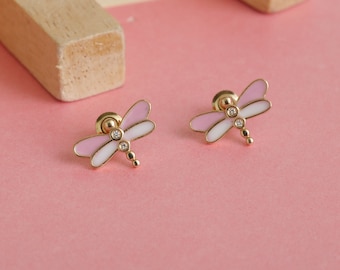 Kids Dragonfly Diamond Stud Earrings, 14k Solid Gold With Enameling, Natural Diamonds, Kids jewelry