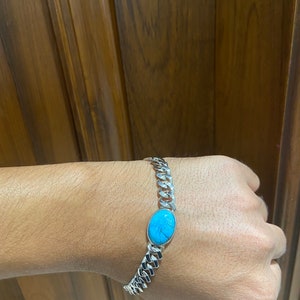 Turquoise Men's Bracelet, Miami Cuban Bracelet, Gemstone Bracelet, 14k Solid Gold, Chain & Link Bracelet, Men's Jewelry image 2