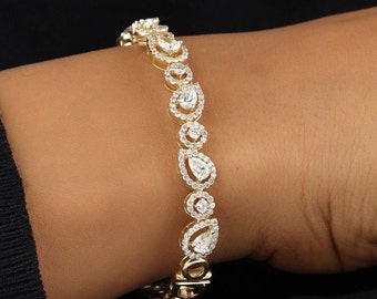 Pear Diamond Shaped Bracelet, 14k Solid Gold, Filigree Gold Bracelet, Stackable Bracelet, Natural Diamonds, Gift for her