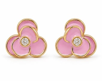 Pendientes infantiles de diamantes naturales con diseño de flor: Joyería de botón de oro macizo de 14k con esmalte, joyería certificada, impuestos pagados, listos para enviar.
