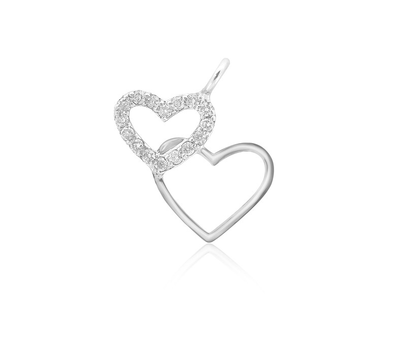 Double Hearts Gold Charm Pendant, Natural Diamonds, 14k Solid Gold, Gift for her, Dainty Charms image 2