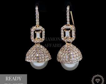 Pearl Drop Diamond Earrings, Baguette & Round Diamond Earrings In 14K Solid Gold, Gift for her