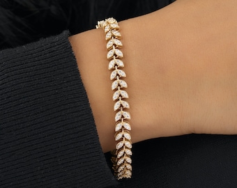 Leaf Design Round Diamonds Bracelet, 14k Solid Gold, Tennis Bracelet, Natural Diamonds, Gift for Her