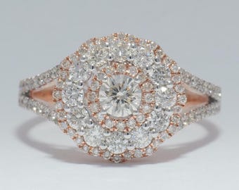 Pierścionek z brylantami Flower Solitaire Cluster, 14-karatowe złoto, naturalne diamenty, pierścionek zaręczynowy z podwójną halo, wyrazista biżuteria ślubna, prezent dla niej