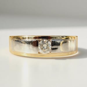 Round Solitaire Diamond Ring, 14k Solid Gold, Natural Diamonds, Men's Engagement Ring, Two Tone Wedding Statement Band, Gift for him