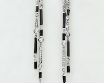 Black Onyx Diamond Dangle Earrings, 14k Solid Gold, Natural Diamonds, Geometric Linear Drop, Cocktail Statement Earrings