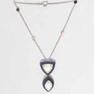 Fancy Diamonds Pendant Necklace with Blue Sapphires, 14k Solid Gold, Natural Diamonds, Ready To Ship, Women&#39;s Day Gift