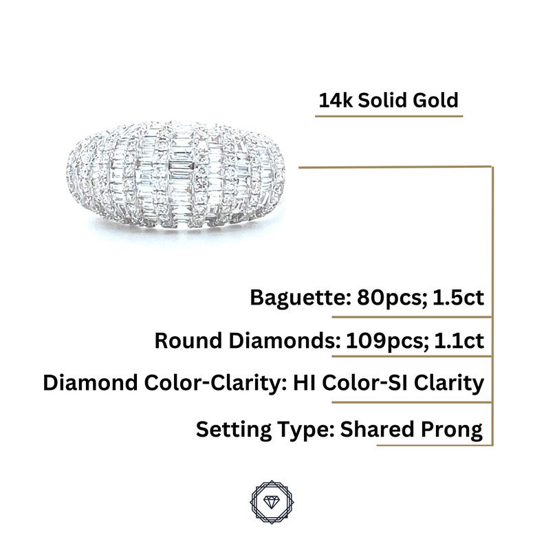 Dome Broad Band Ring, Baguette and Round Natural Diamonds, 14k Solid Gold image 6