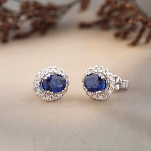 3 ct Oval Blue Sapphires Earrings with Diamond Halos, Gemstone Stud earrings, 14K Solid Gold, Natural Diamonds, Gift for her image 2