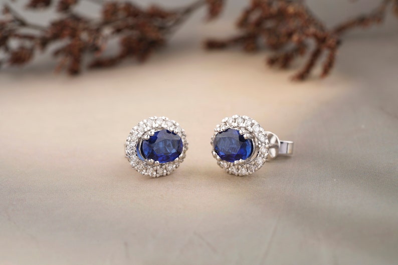 3 ct Oval Blue Sapphires Earrings with Diamond Halos, Gemstone Stud earrings, 14K Solid Gold, Natural Diamonds, Gift for her image 2