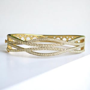 Wavy Criss Cross Diamond Bangle Bracelet, 14k Solid Gold, Natural Diamonds, Lattice Statement Bracelet, Stackable Jewelry