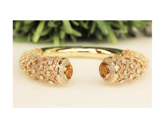 Citrine and Fancy Diamonds Cuff Bracelet, 14k Solid Gold, Moissanite Bracelet, Filigree Bracelet, Gift for her