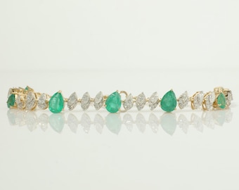Bracciale tennis a goccia con diamanti naturali e smeraldo: gioielli minimalisti con catena in oro massiccio 14 carati e pietre preziose, gioielli certificati