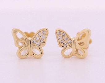Aretes de mariposa con diamantes para niños, oro macizo de 14 k, diamantes naturales, joyas de animales para niños, regalo para bebés, niñas y niños.