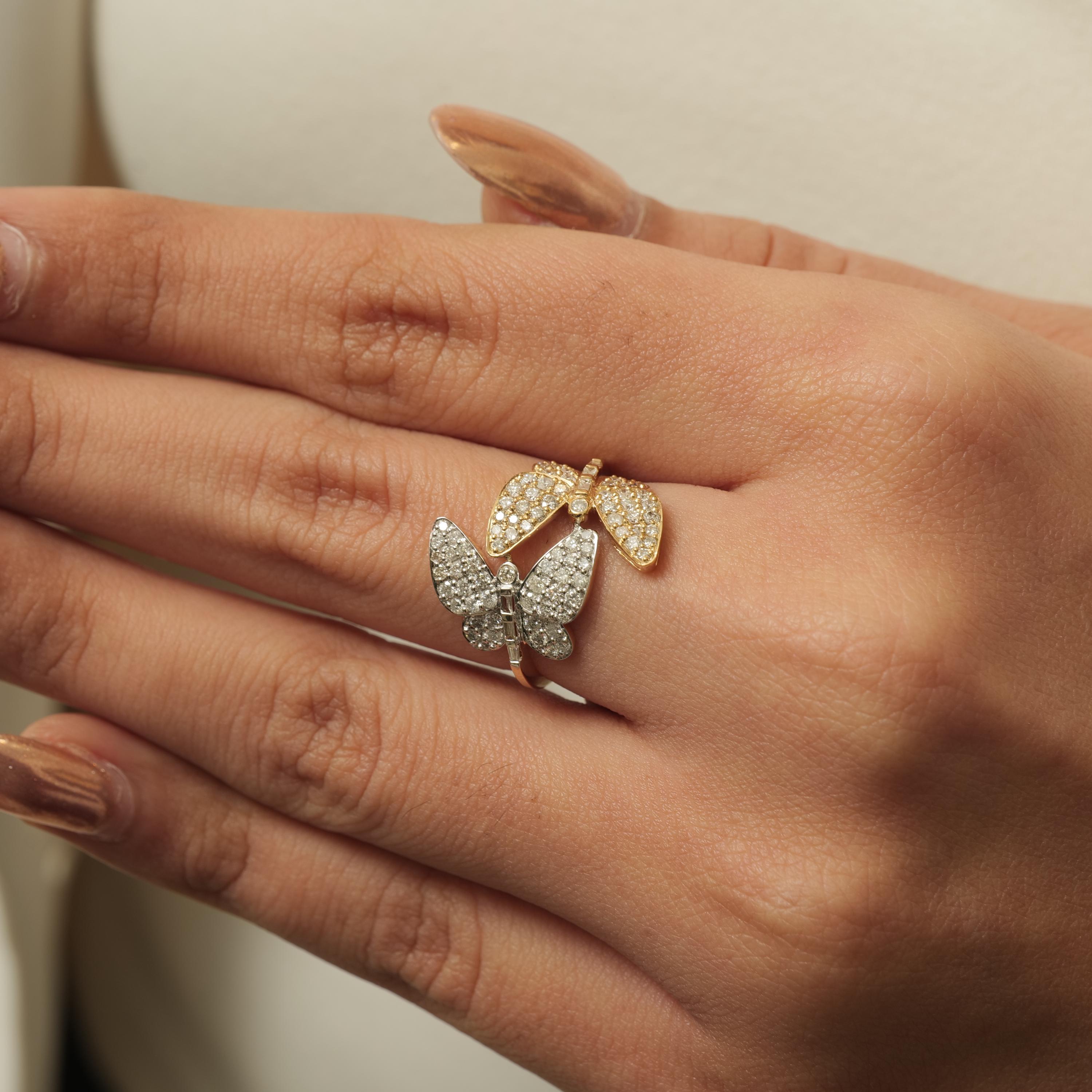 Butterfly Natural Diamond Wrap Ring: 14K Solid Gold Two Tone