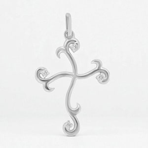 Diamond Cross Pendant, 14k Solid Gold, Natural Diamonds, Scroll Cross Necklace With Adjustable Chain, Everyday Minimalist Jewelry