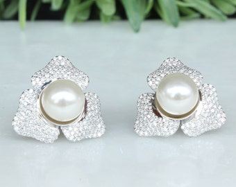 Classy Pearl Diamond Earrings, Flower Diamond Earrings, 14k Solid Gold, Natural Diamonds, Gift For Her