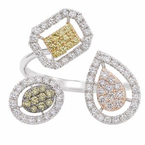Fancy Multi Color Halo Natural Diamond Bypass Ring: 18k Solid Gold Cluster Jewelry, IGI Certified, Duty Paid, Ready To Ship
