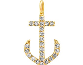 Ciondolo a forma di ancora con diamante naturale: gioiello minimalista impilabile in oro massiccio 14 carati, gioiello certificato, dazi doganali pagati, pronto per la spedizione.
