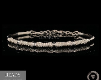 Diamond Bracelet In 18k Solid Gold, Bamboo Design Bracelet With Natural Diamonds, Gift for women