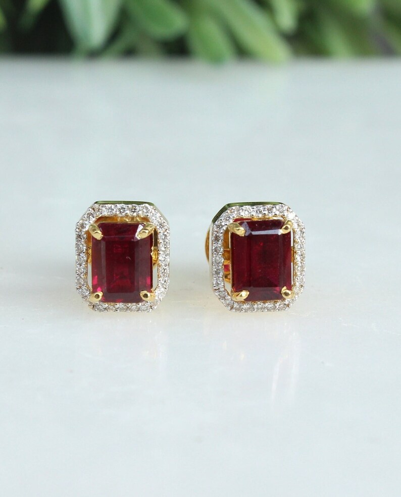 Ruby Diamonds Stud, Birthstone Gemstone Earrings, 14k Solid Gold, Natural Diamonds, Gift For Her image 1